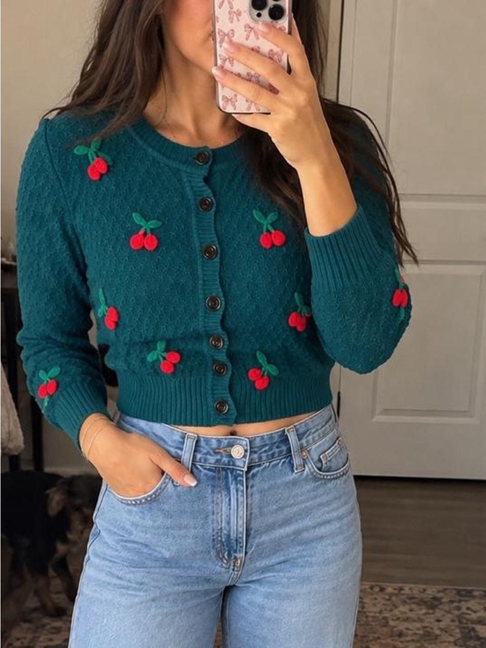 Mak Sweater Teal Cherry-Appliqué Cropped Cardigan Sweater S